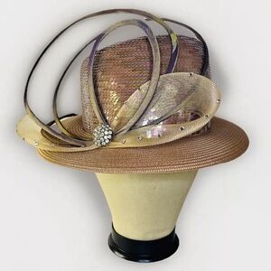 Vintage Whittall & Shon Hat Straw Rhinestone Feather Kentucky Derby Church Lady